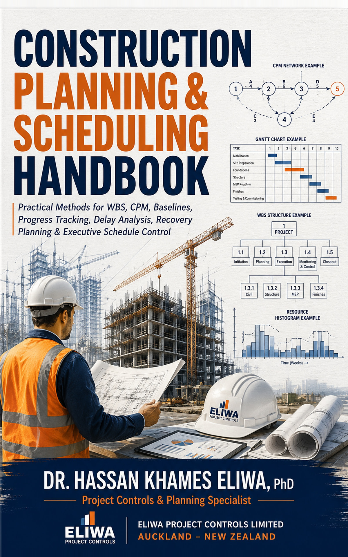 Construction Planning & Scheduling Handbook book cover by Dr. Hassan Khames Eliwa, PhD — navy cover with a planner reviewing drawings on a construction site beside CPM, Gantt, WBS and resource histogram diagrams