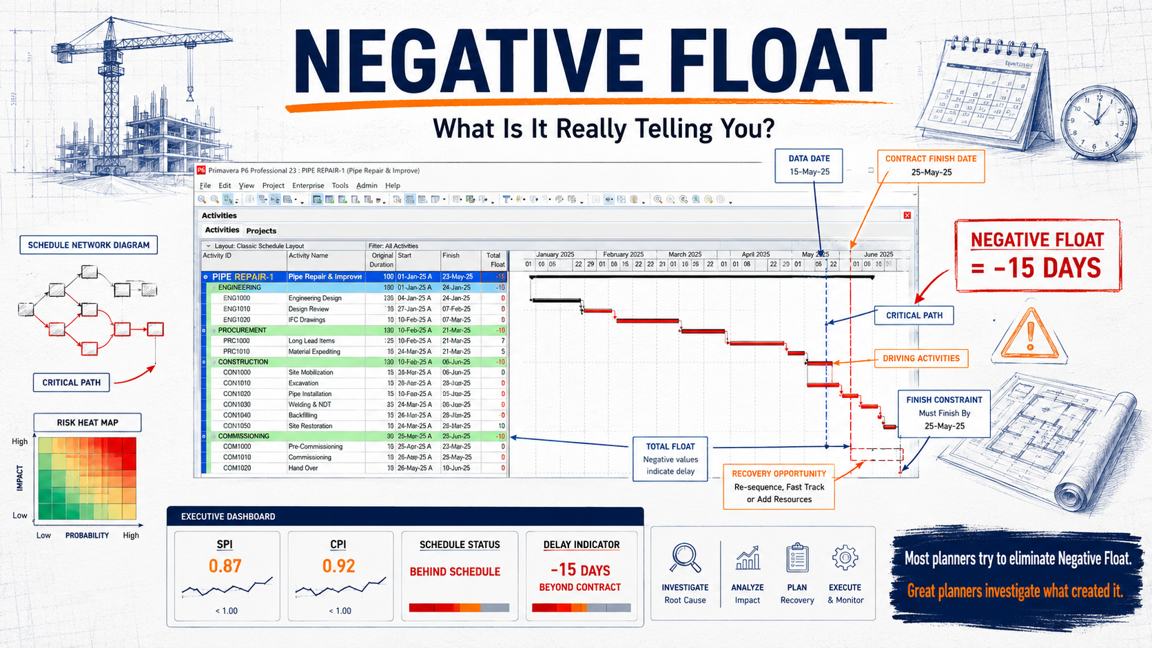 Primavera P6 schedule showing -15 days of negative float with data date, contract finish, driving activities, finish constraint and executive dashboard KPIs