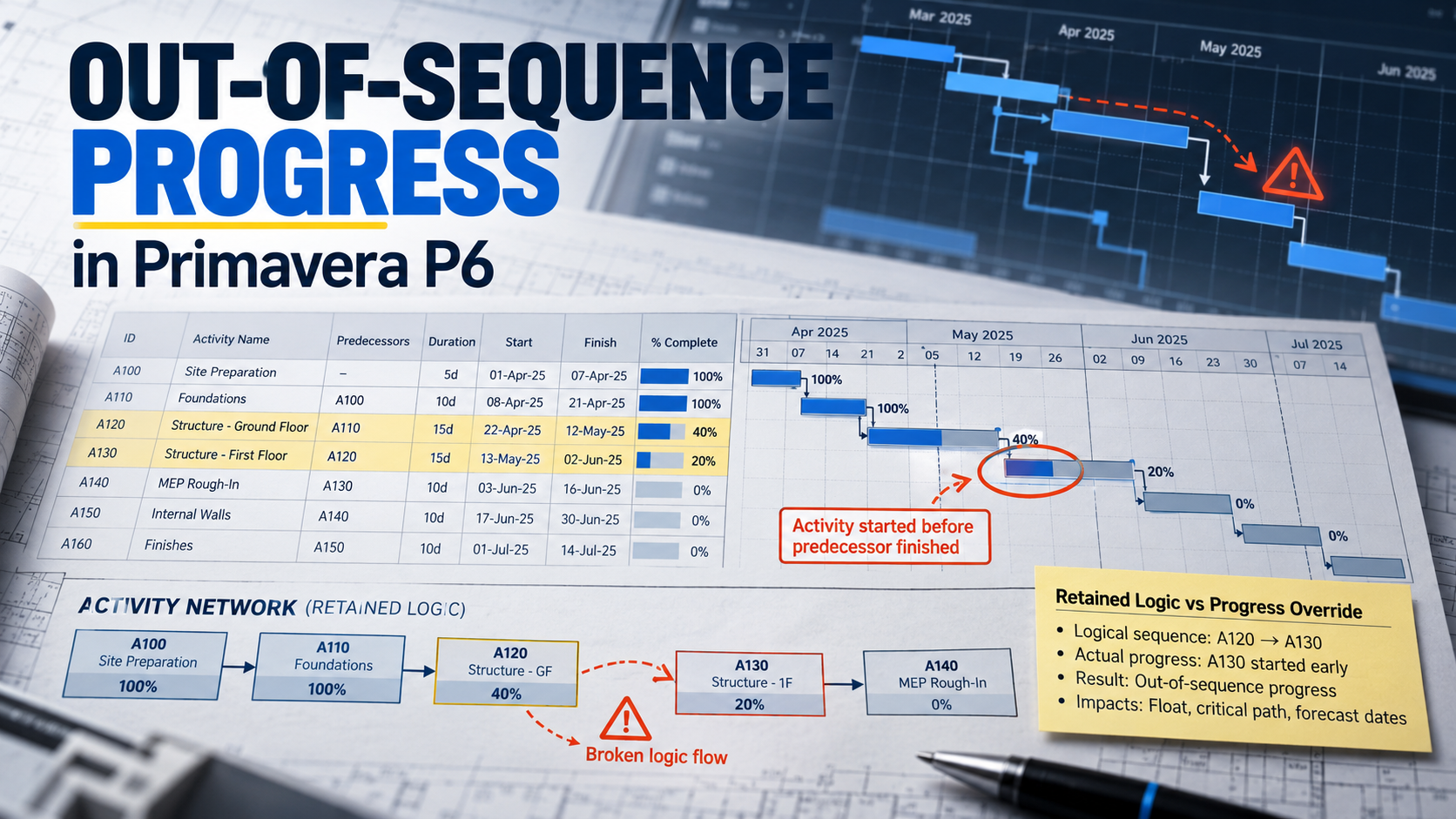 Primavera P6 Gantt chart showing out-of-sequence progress with retained logic versus progress override forecasts