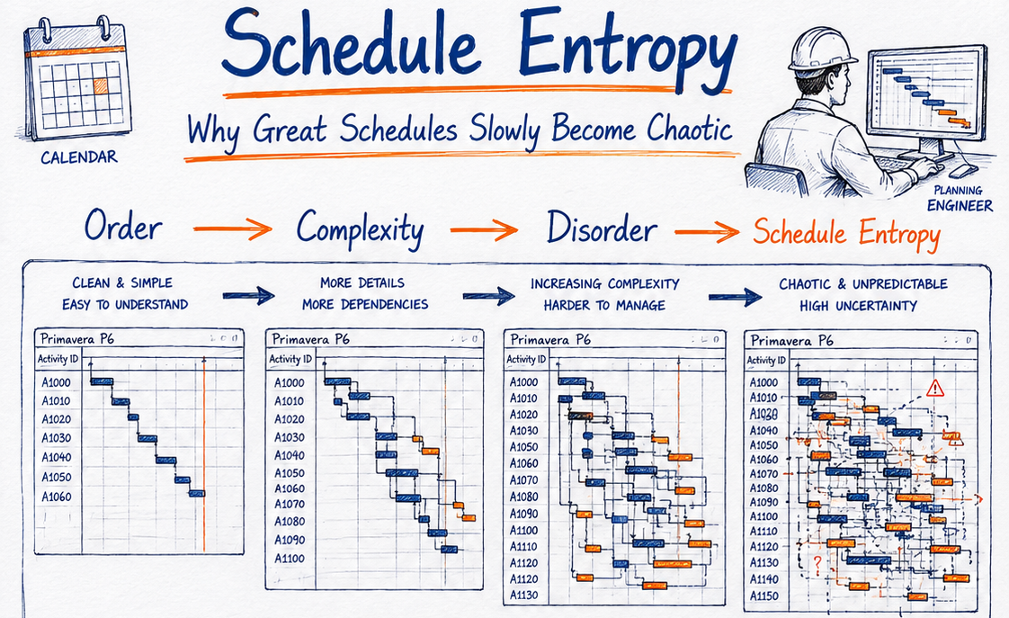 Schedule entropy infographic — order to complexity to disorder to schedule entropy across four Primavera P6 Gantt views