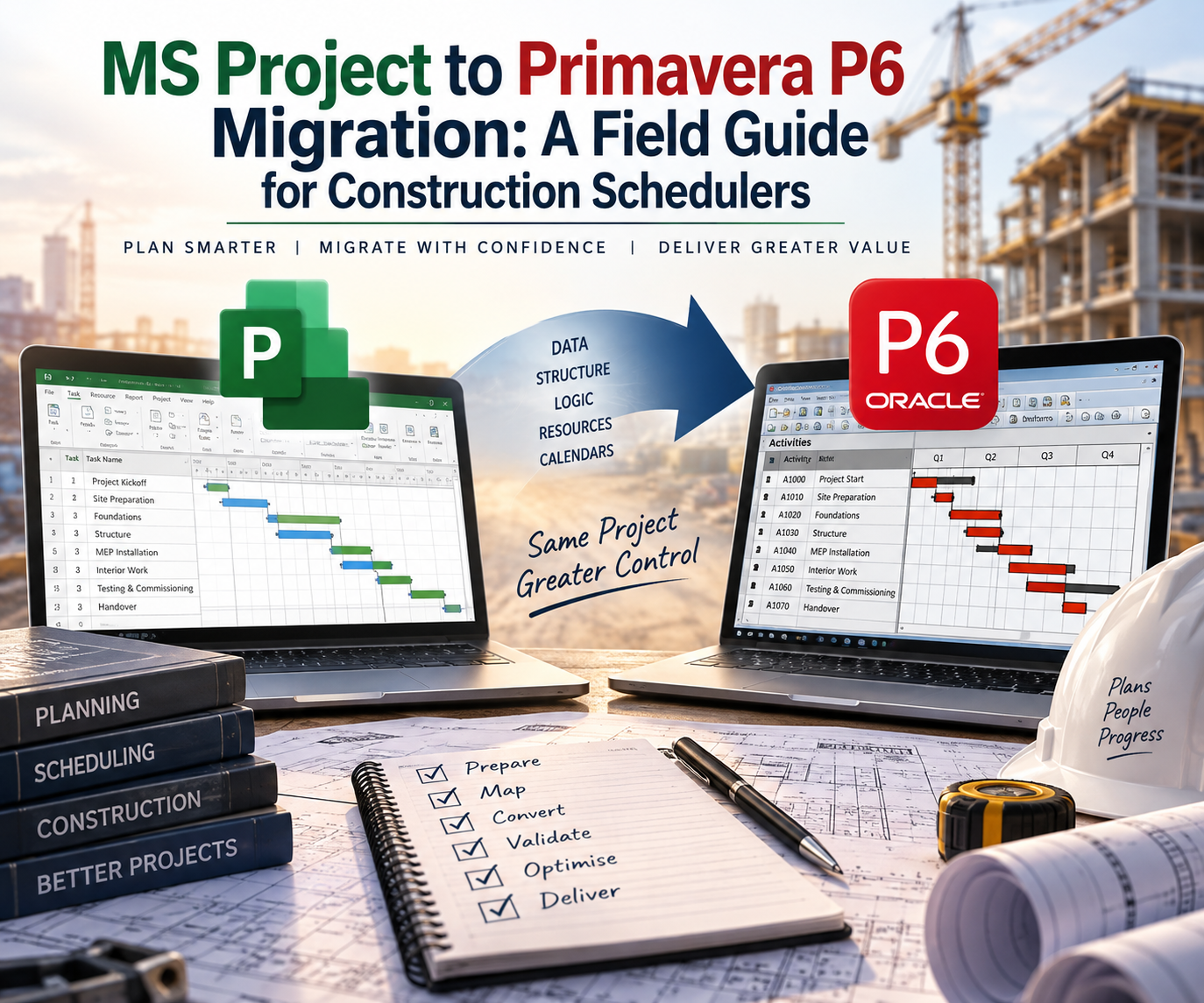 MS Project to Primavera P6 migration field guide for construction schedulers — two laptops showing an MS Project Gantt chart and a Primavera P6 activity table, with data, structure, logic, resources and calendars crossing between them on a construction site