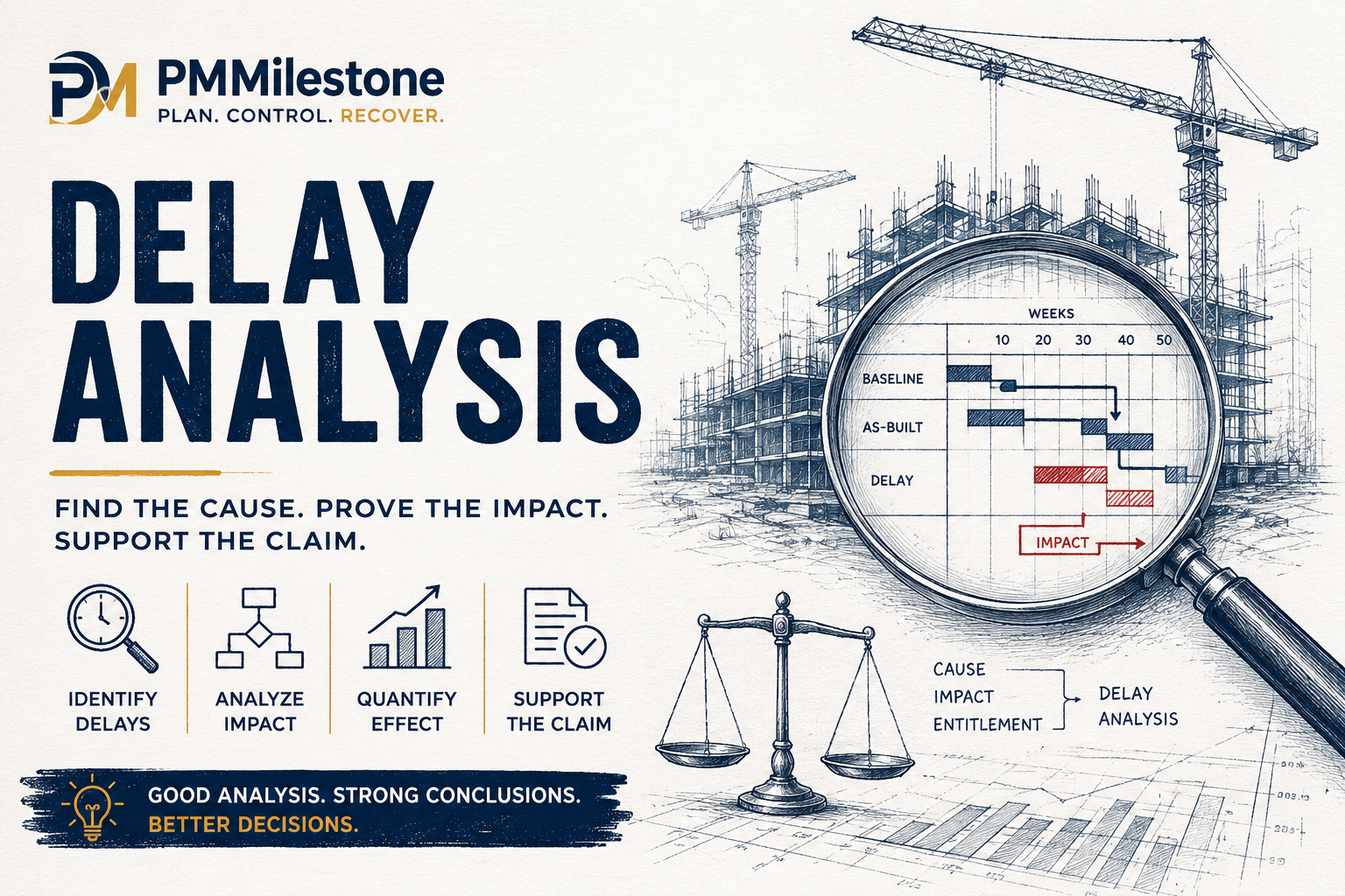 PMMilestone delay analysis feature — construction Gantt chart under magnifying glass with baseline, as-built and delay bars, scales of justice and cause-impact-entitlement diagram