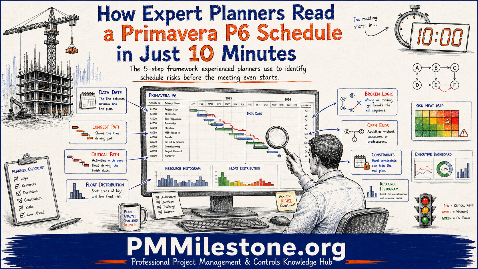 Illustrated cover — expert planner reading a Primavera P6 schedule using a five-layer diagnostic method