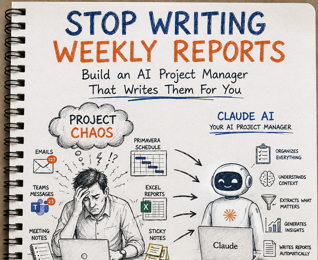 Illustrated cover showing an AI project manager organising weekly reports, schedules, notes and project data