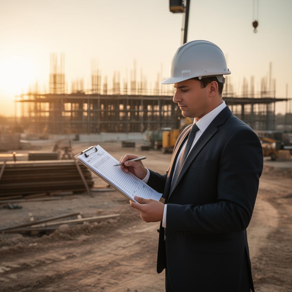Project controls engineer on site reviewing a schedule at golden hour