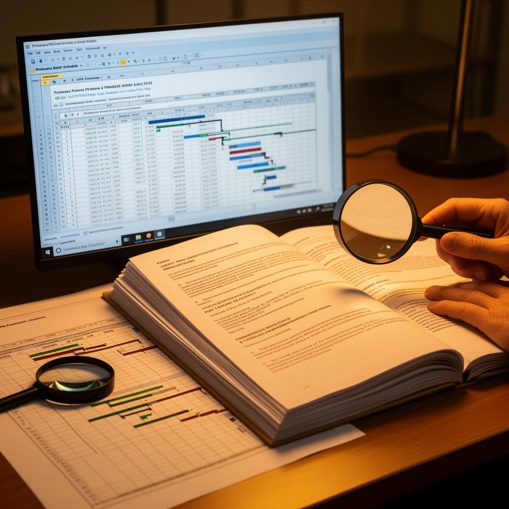 Delay analyst reviewing a critical path schedule next to a contract document