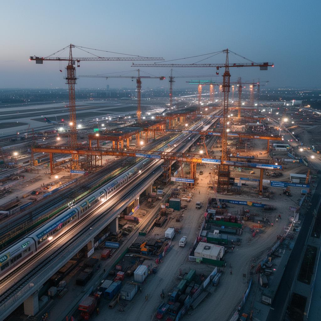 Aerial dusk view of a mega infrastructure construction site with cranes and gantries